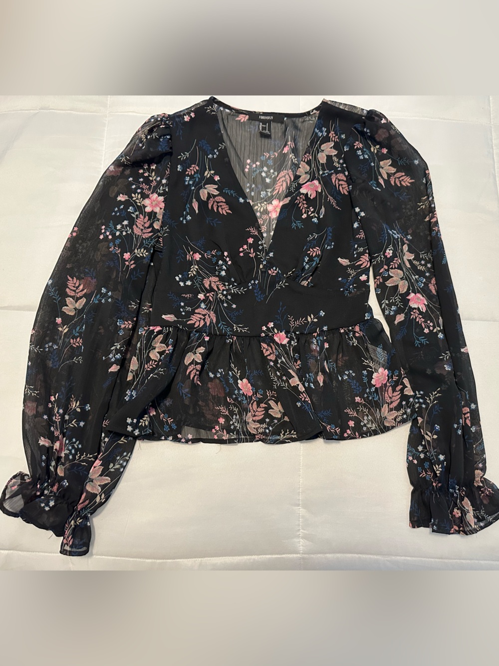 Forever 21 Black Floral Peplum Blouse with Pink & Blue Accents